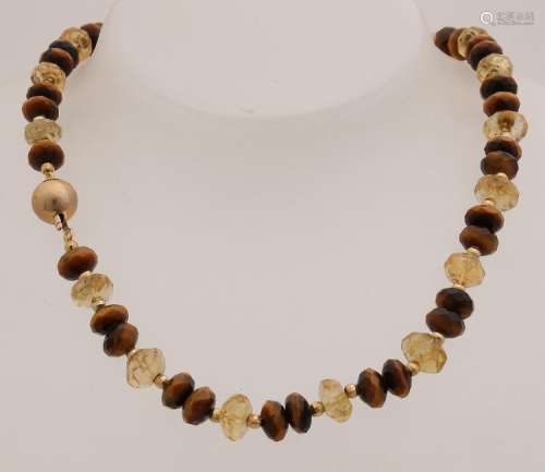 Necklace of tiger eye and citrine beads with yellow