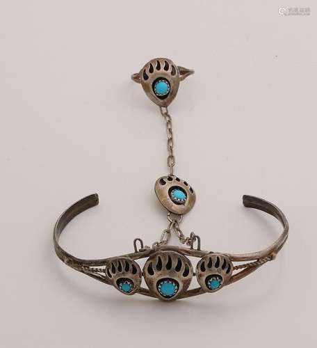 Silver bracelet / ring, BWG, with turquoise. Strap with