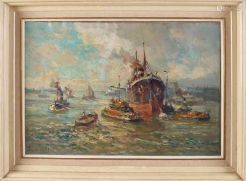 Evert Moll. 1878-1955. Rotterdam harbor view. Oil paint