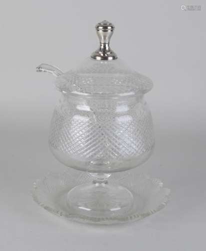 Crystal bowl jar on saucer with spoon and lid with