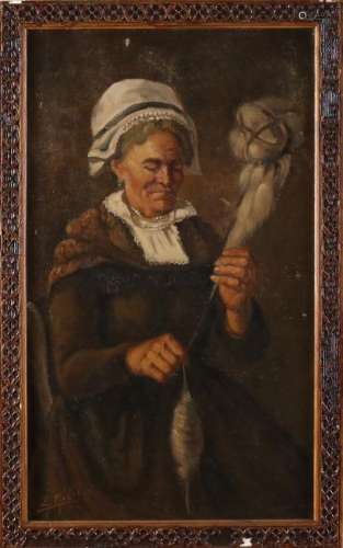 EJ Metal? Circa 1900. Old spinster. Oil paint on linen.