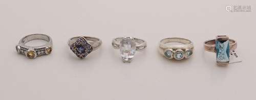 Lot with 5 silver rings, 925/000, with zirconia's with