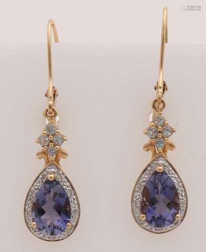 Yellow gold earrings, 585/000, with iolite, topaz and