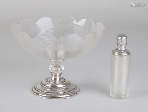 Bonbonniere and caper's bottle with silver, 833/000.