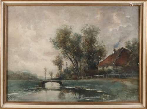 JG Vogel. Dutch landscape with farm and bridge.