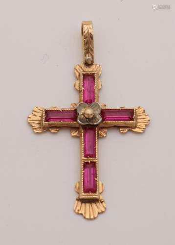 Yellow gold cross, 585/000, with rubies. Cross with