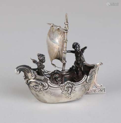 Silver miniature boat, 925/000, decorated with volutes