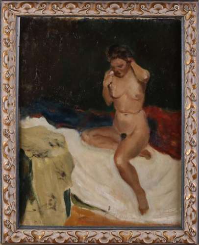 Unsigned. Circa 1930. Naked lady in bed. Oil paint on