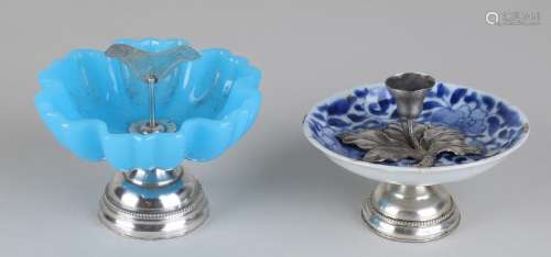 Candlestick and bonbon dish with silver, 835/000.