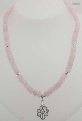 Necklace of rose quartz with white gold balls and