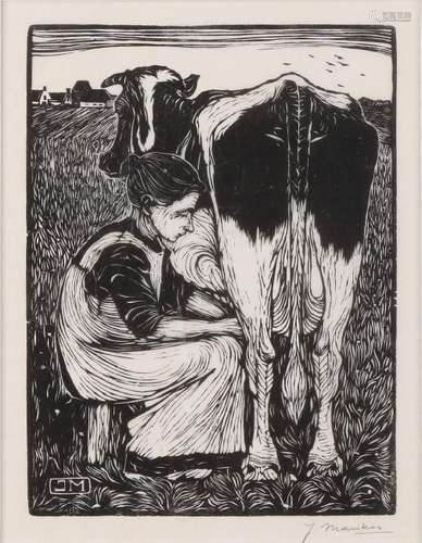 Jan Mankes. 1889 - 1920. Hand signed. Milking peasant