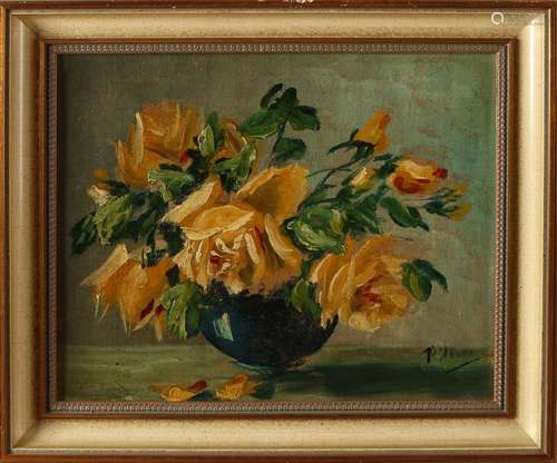 P. Stöven. Circa 1940. Vase with Flowers. Oil