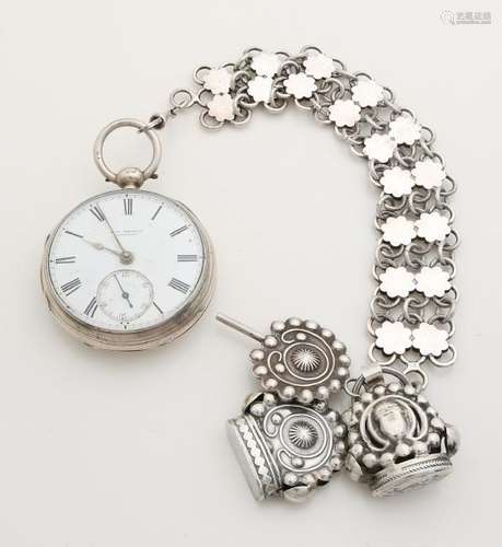 Silver pocket watch with chatelaine and signets. Pocket