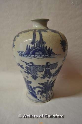 A Chinese blue and white baluster vase decorated with warriors, two blue rings to base, 34cm.