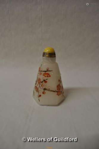 A Chinese hardstone suff bottle of tapering hexagonal form, yellow cabochon stone to lid, engraved