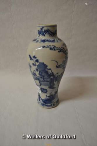 A Chinese blue and white baluster vase decorated with figures in a garden, two blue rings to base,