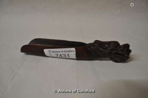 A Chinese hardwood scoop carved with dragon head handle, 13.5cm long.
