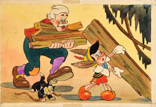 Pinocchio, Figaro, and Geppetto watercolor production