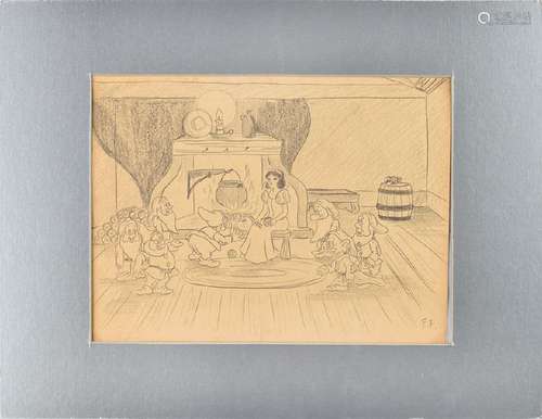 Snow White and all Seven Dwarfs concept drawing by