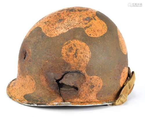 WWII US M1 Fixed Bail Helmet with Bullet Strike