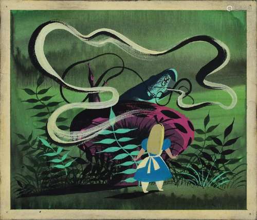 Mary Blair concept painting of Alice and Caterpillar