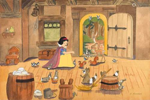 Snow White and forest animals watercolor concept