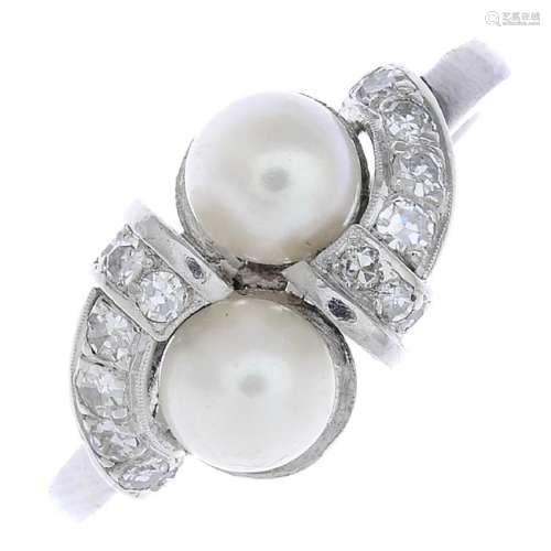 A cultured pearl and diamond dress ring. The cultured