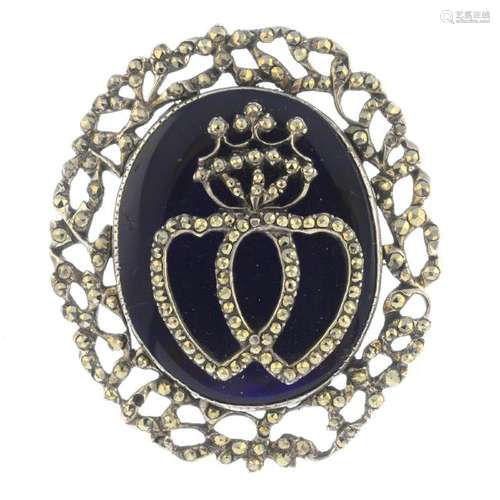 A late Georgian silver marcasite and enamel brooch. The