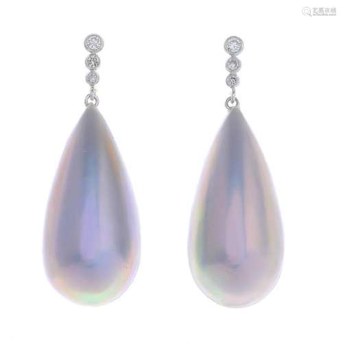 A pair of mother-of-pearl and diamond drop earrings.
