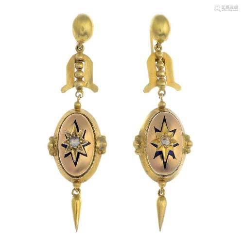 A pair of diamond and enamel drop earrings. Each