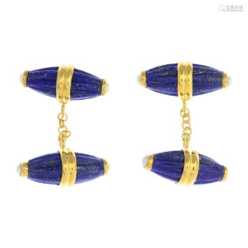 A pair of lapis lazuli and split pearl cufflinks. Each