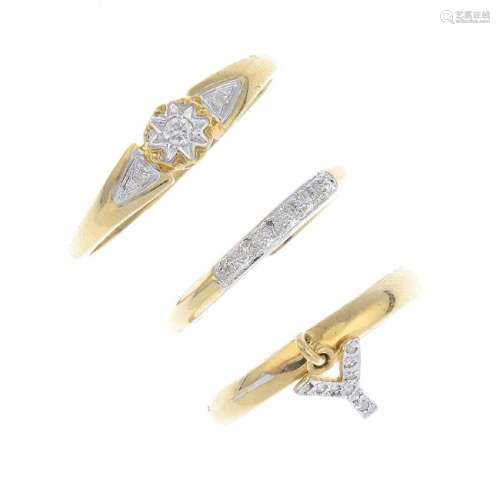 Three 9ct gold diamond rings. To include a diamond band