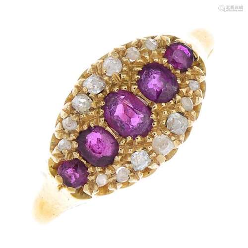 An Edwardian 18ct gold ruby and diamond ring. The