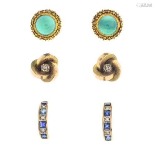 Four pairs of diamond and gem-set earrings. To include