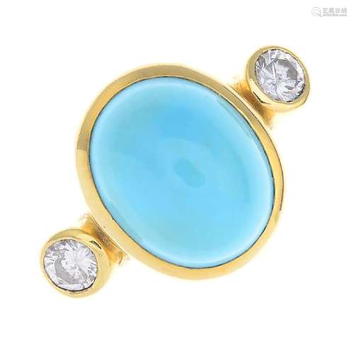 An 18ct gold turquoise and diamond three-stone ring.