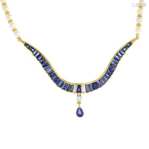A sapphire, diamond and cultured pearl necklace. The