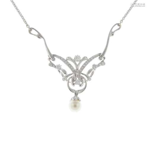 A cultured pearl and diamond necklace. The cultured