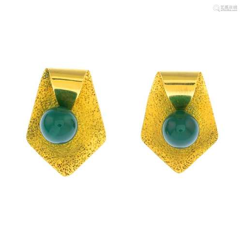 A pair of 18ct gold gem-set earrings. Of geometric