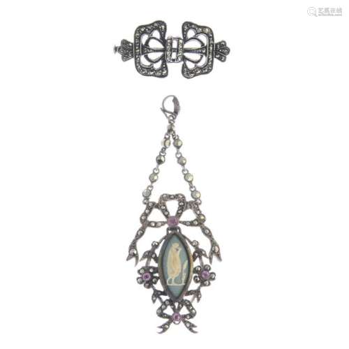 Two pieces of early 20th century marcasite jewellery.