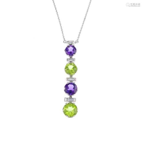 A peridot, amethyst and diamond pendant. Comprising a