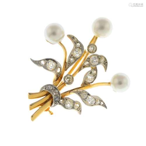 A diamond and cultured pearl brooch. Designed as a