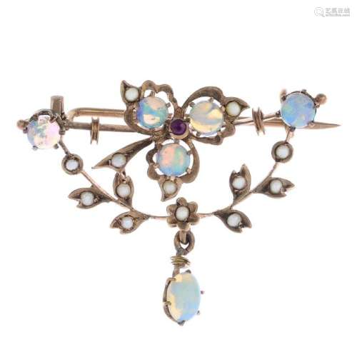 An early 20th century gold opal, split pearl and ruby