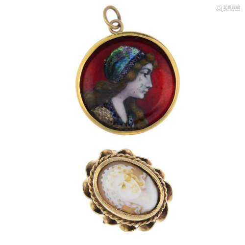 A 9ct gold shell cameo ring and an enamel pendant. The