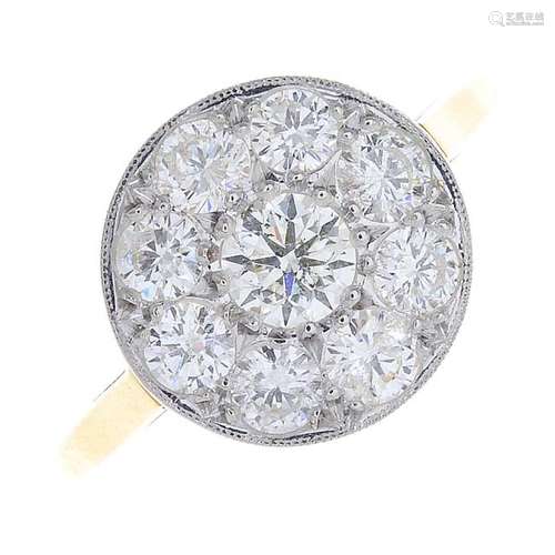 A diamond cluster ring. The brilliant-cut diamond, with