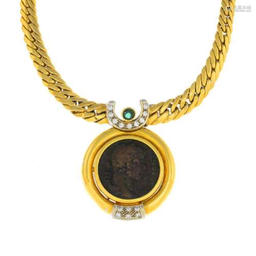An 18ct gold diamond and emerald coin necklace. Of