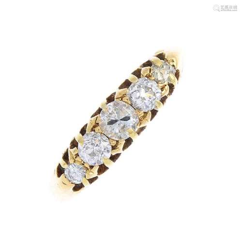 A late Victorian 18ct gold diamond five-stone ring. The
