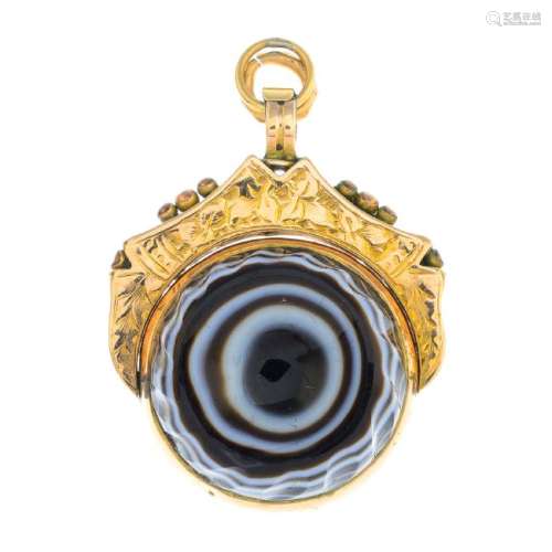 A late Victorian gold agate fob. The carved banded