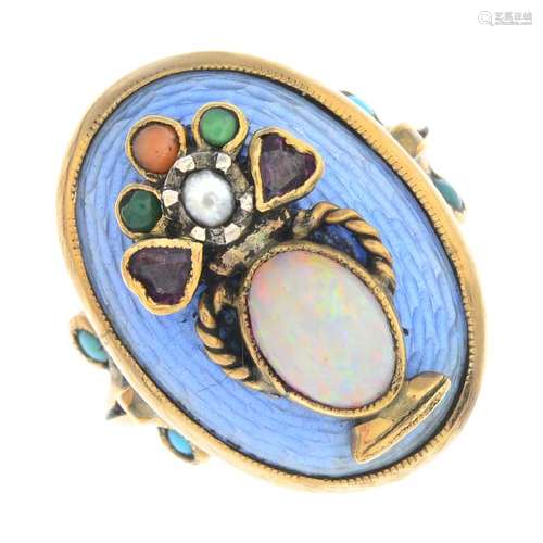 An gem-set and enamel dress ring. Designed as a