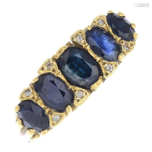An 18ct gold sapphire and diamond five-stone ring. The
