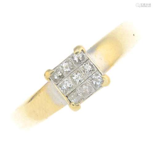 An 18ct gold diamond ring. The square-shape diamond
